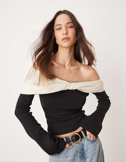 Twist Contrast Bardot Knit Top