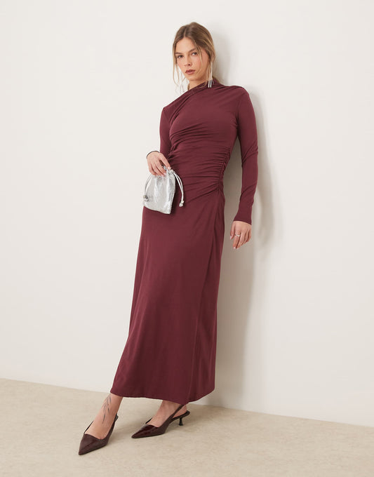 High Neck Ruched Wrap Detail Maxi Dress