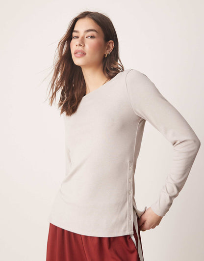 Slash Neck Long Sleeve Button Detail Top