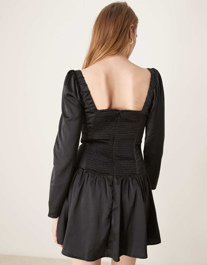 Long Sleeve Drop Waist Mini Satin Party Dress