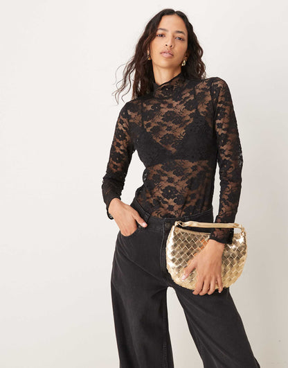 Lace High Neck Long Sleeve Top