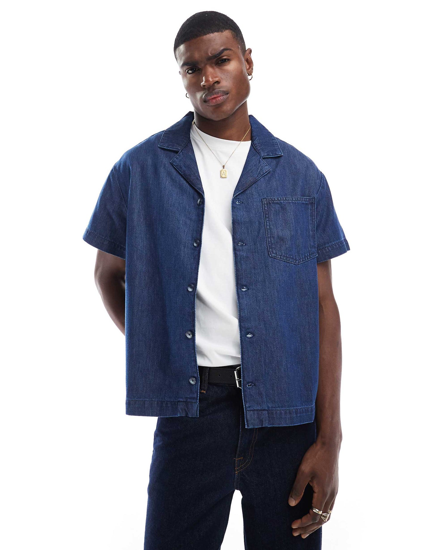 Revere Collar Boxy Denim Shirt