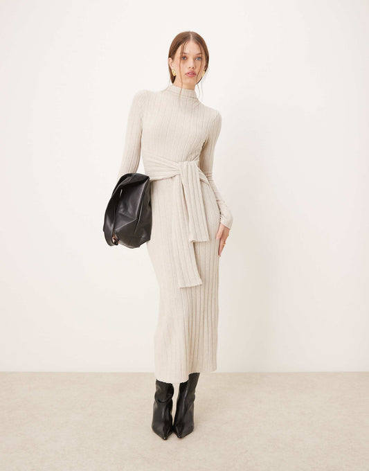 Chunky Fluffy Ribbed Maxi Dress With Wrap Waist