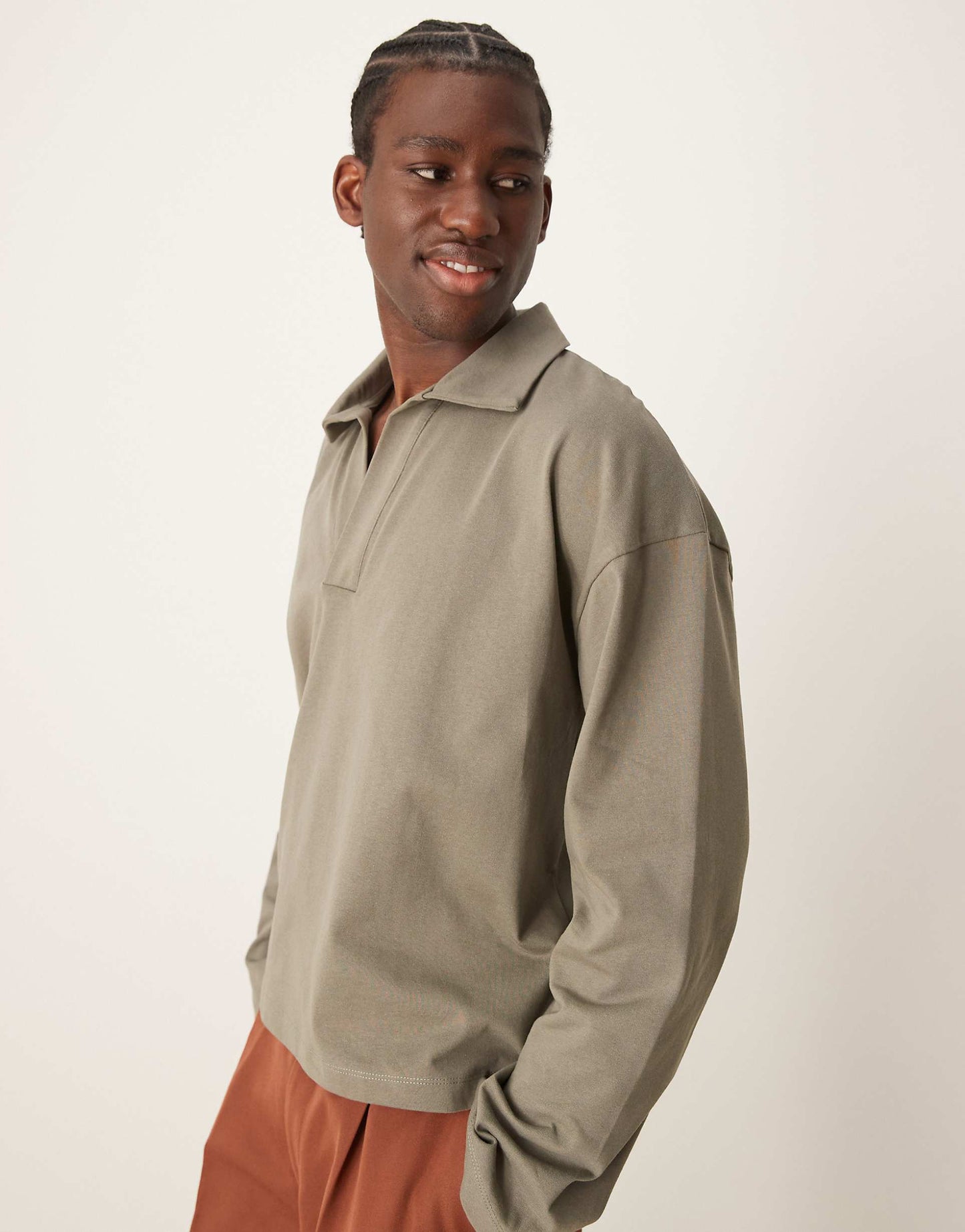 Oversized Boxy Long Sleeve Polo With Deep V Neck