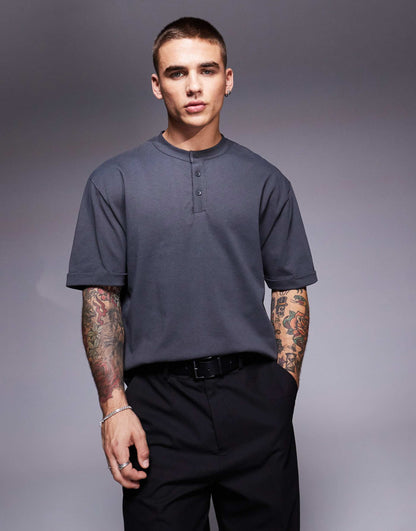 Relaxed Boxy T-Shirt With Henley Neck And Roll Sleeve