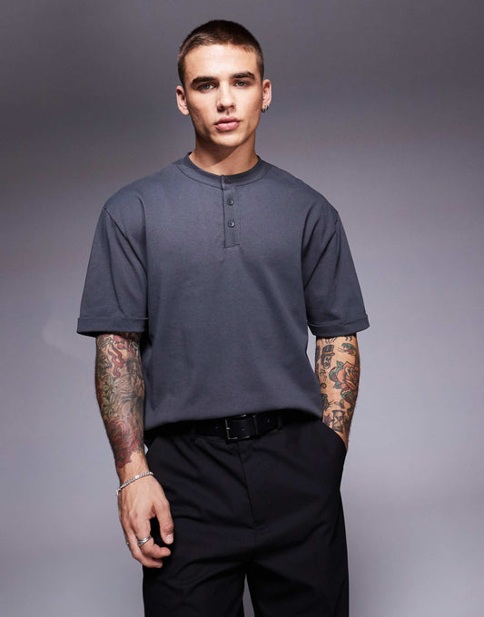 Relaxed Boxy T-Shirt With Henley Neck And Roll Sleeve