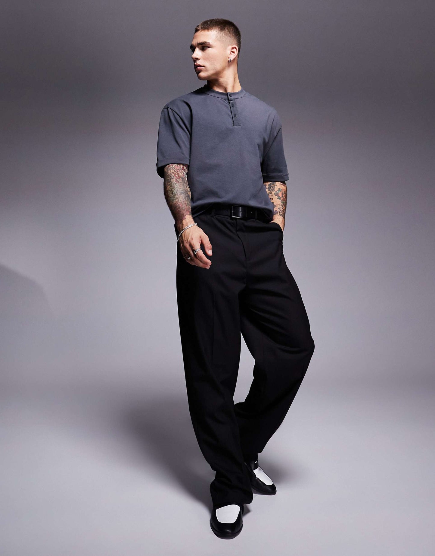 Relaxed Boxy T-Shirt With Henley Neck And Roll Sleeve