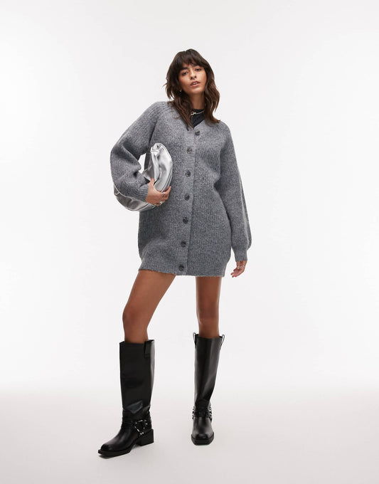 Knitted High V-Neck Fluffy Cardigan Dress