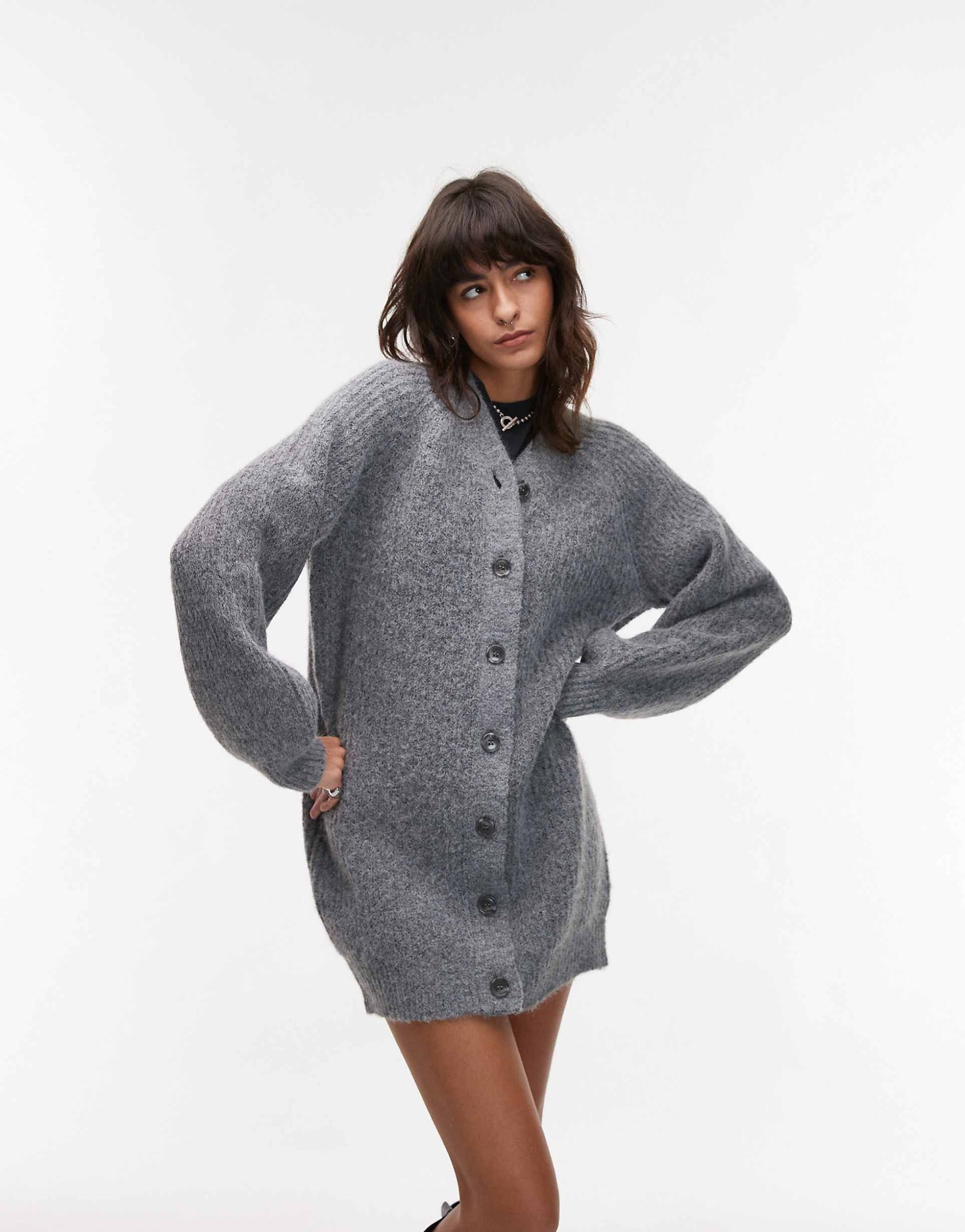 Knitted High V-Neck Fluffy Cardigan Dress