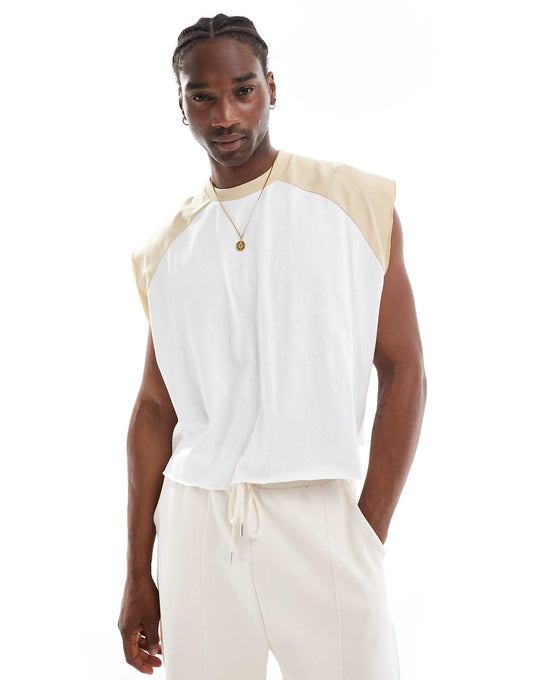 Extreme Oversized Cropped T-Shirt With Raglan Sleeves And Raw Hem On White And Beige