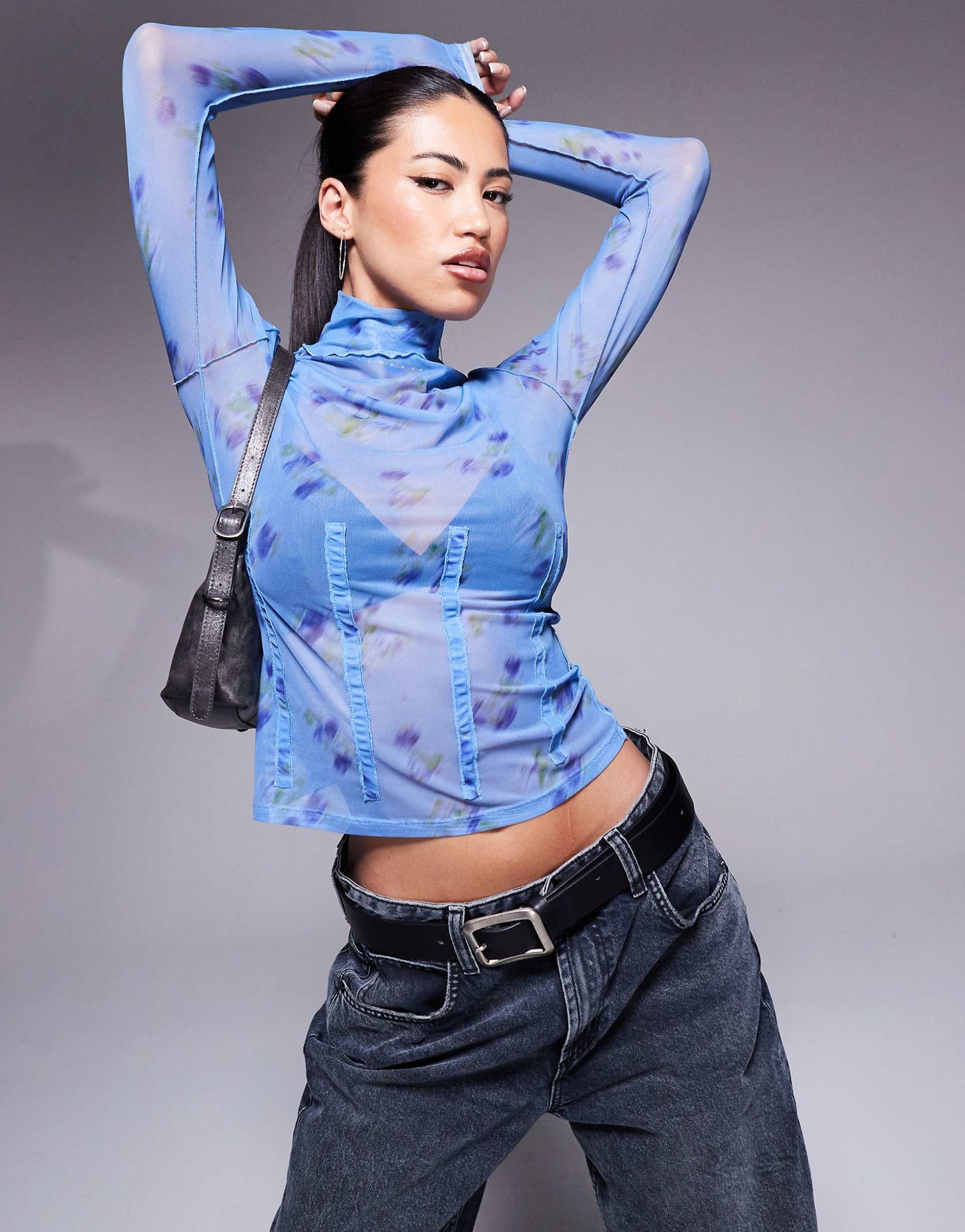 Delisabeta High Neck Mesh Long Sleeve Top