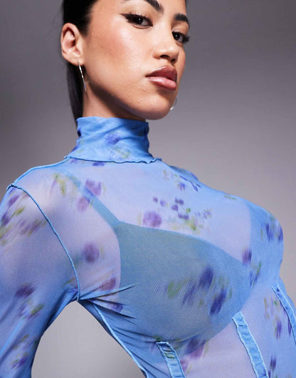 Delisabeta High Neck Mesh Long Sleeve Top