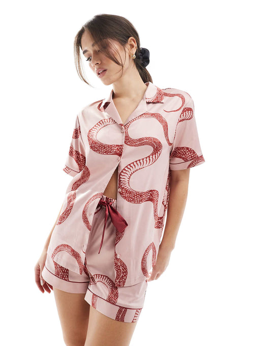 Satin Short Sleeve Revere And Shorts Set