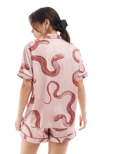 Satin Short Sleeve Revere And Shorts Set