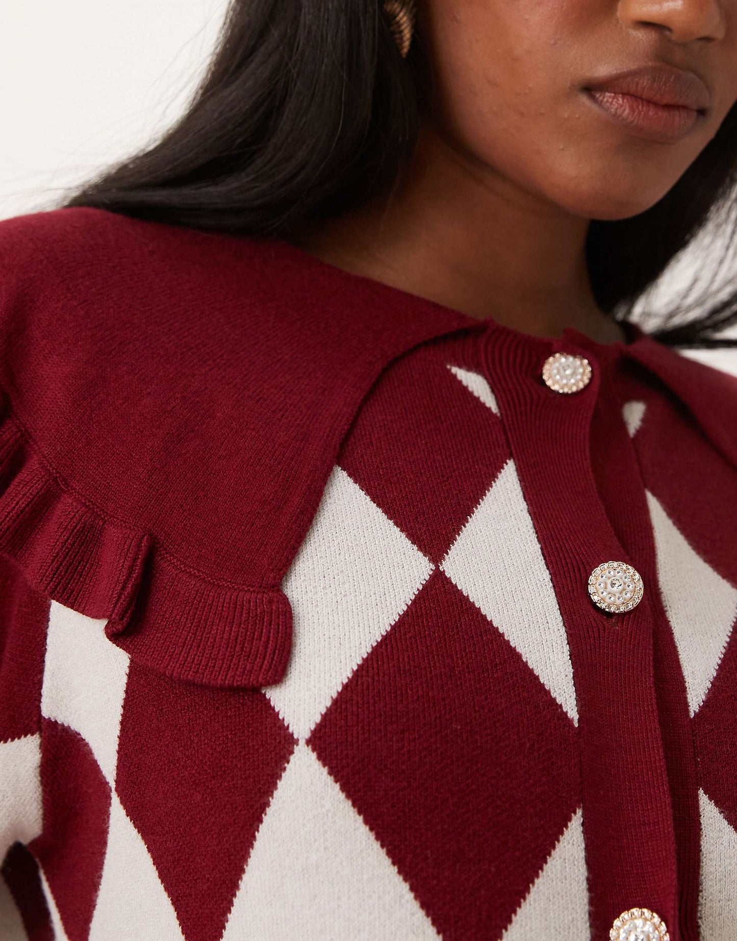 Collar Detail Harlequin Argyle Cardigan