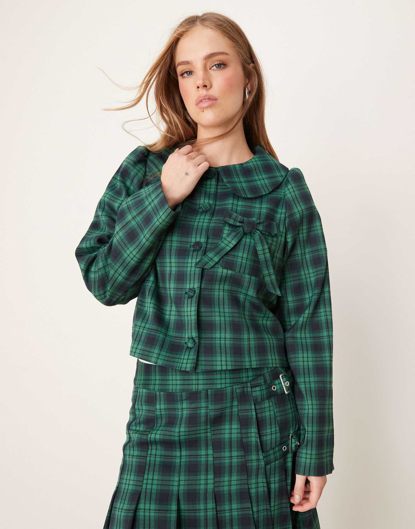 Tartan Bow Detail Cropped Jacket Co-Ord