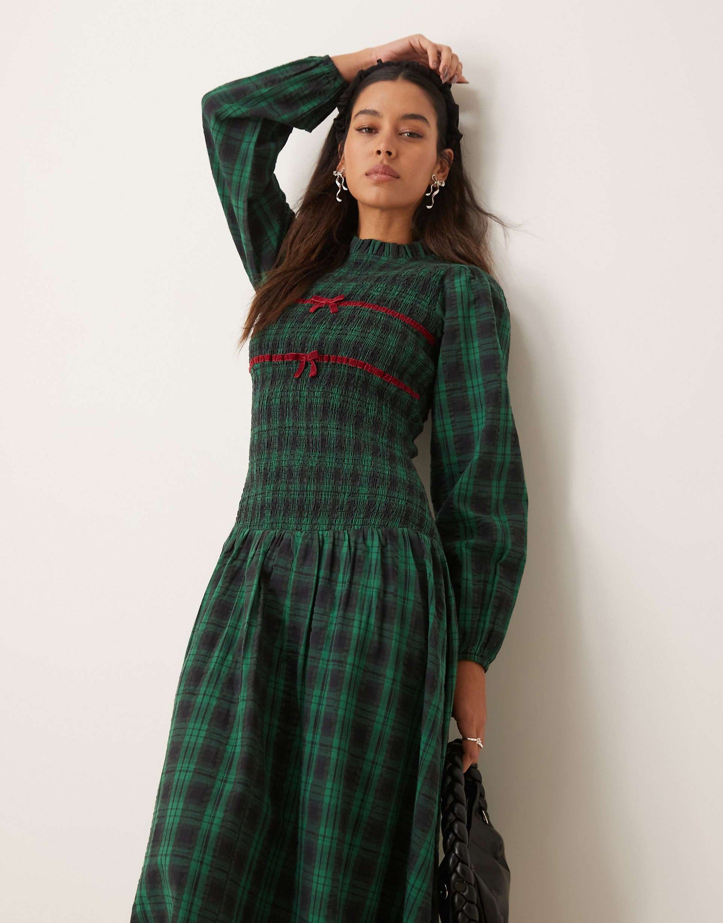 Tartan Shirred High Neck Midi Dress