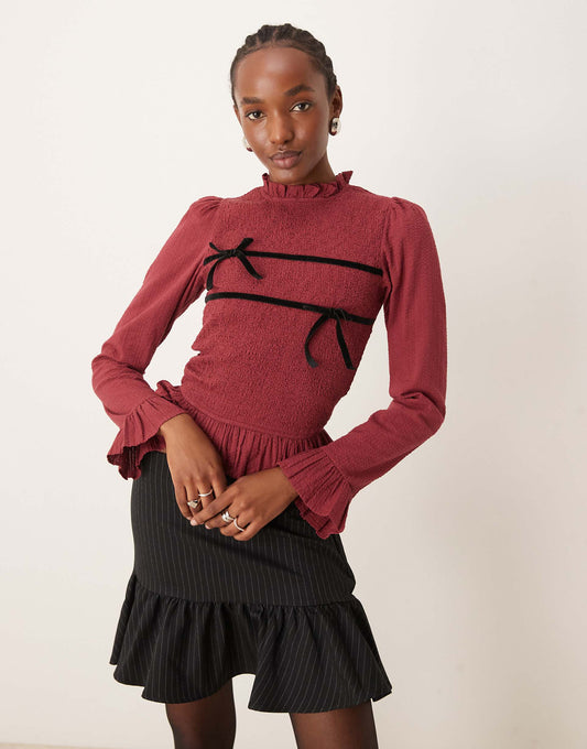 Shirred Long Sleeve Blouse With Velvet Ties