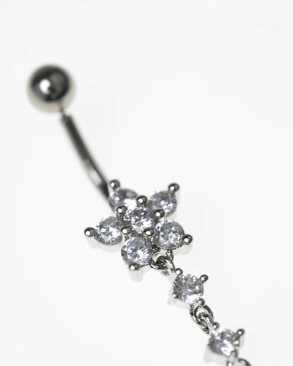 Surgical Steel Cubic Zirconia Flower Triple Charm Belly Bar