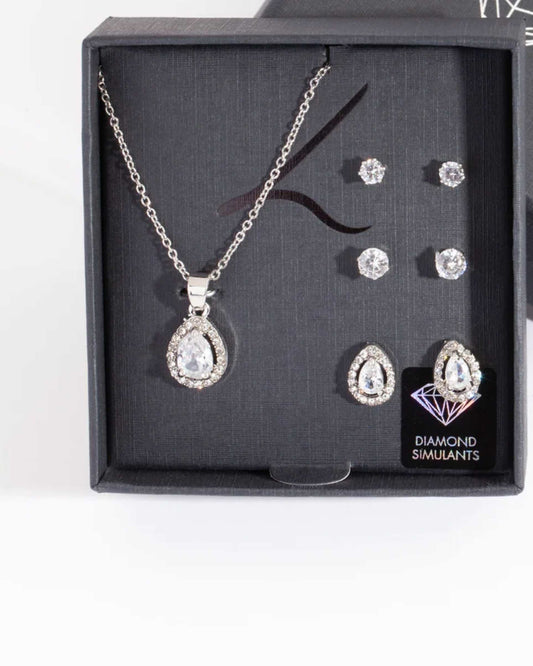 Diamond Simulant Pear Drop Earrings Necklace Set