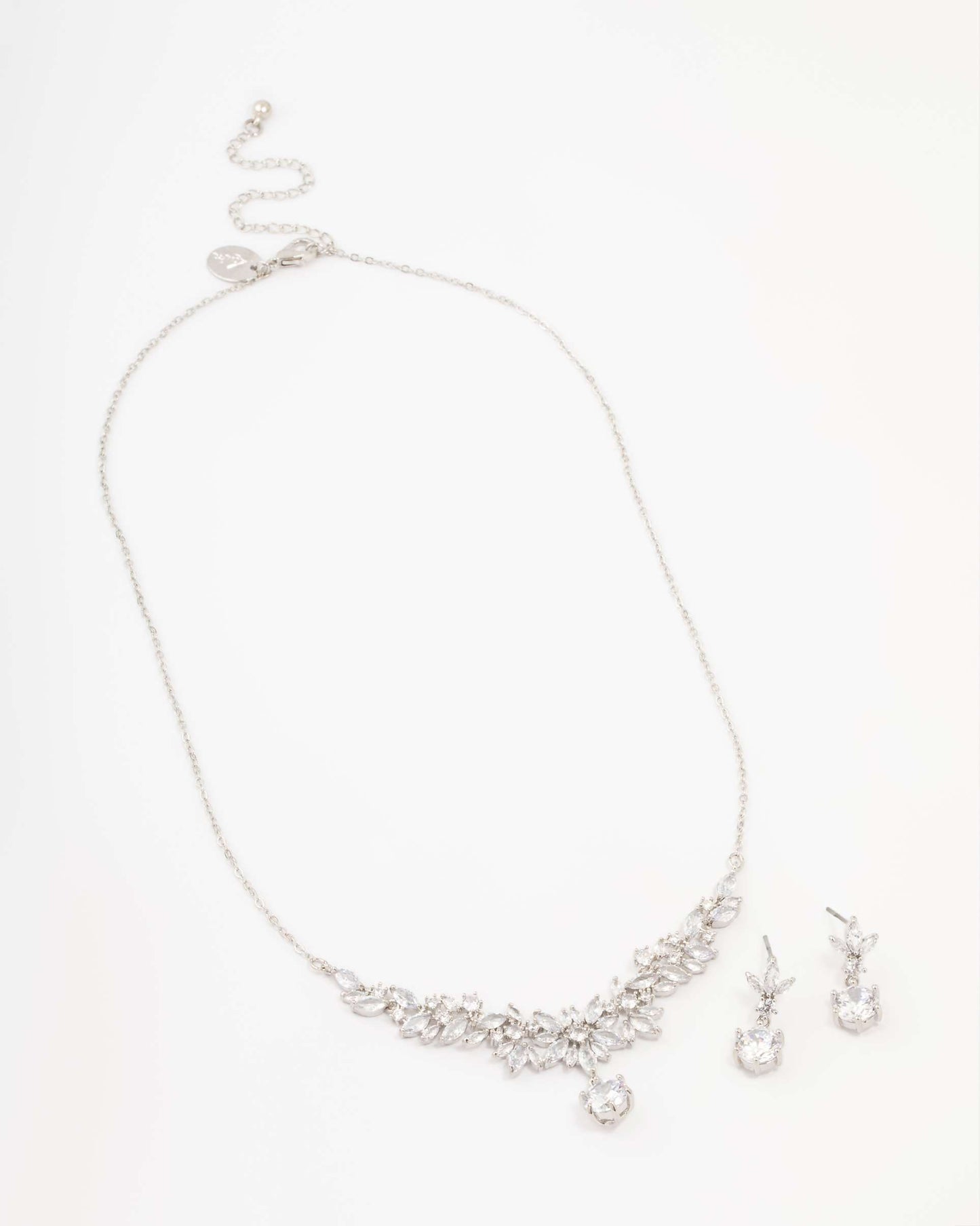 Rhodium Diamond Simulant Navette Necklace & Earrings Set
