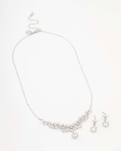 Rhodium Diamond Simulant Navette Necklace & Earrings Set