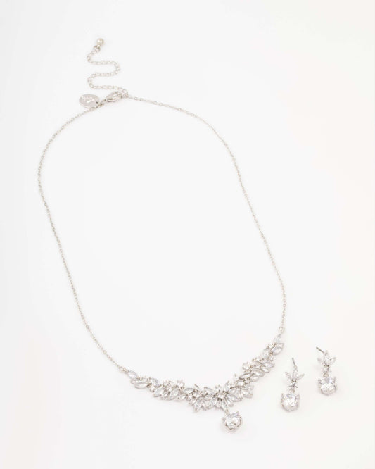 Rhodium Diamond Simulant Navette Necklace & Earrings Set