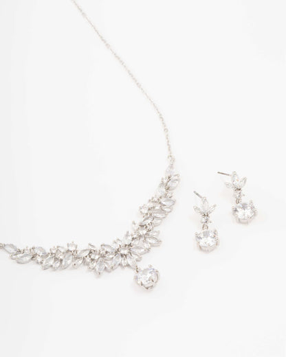 Rhodium Diamond Simulant Navette Necklace & Earrings Set