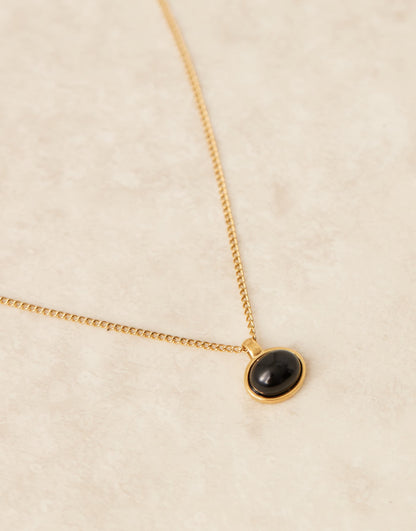 Stainless Steel 18Ct Gold Plated Necklace With Black Natural Stone Pendant