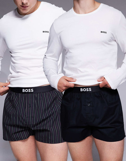 2 Pack Logo Waistband Stripe & Plain Woven Boxers