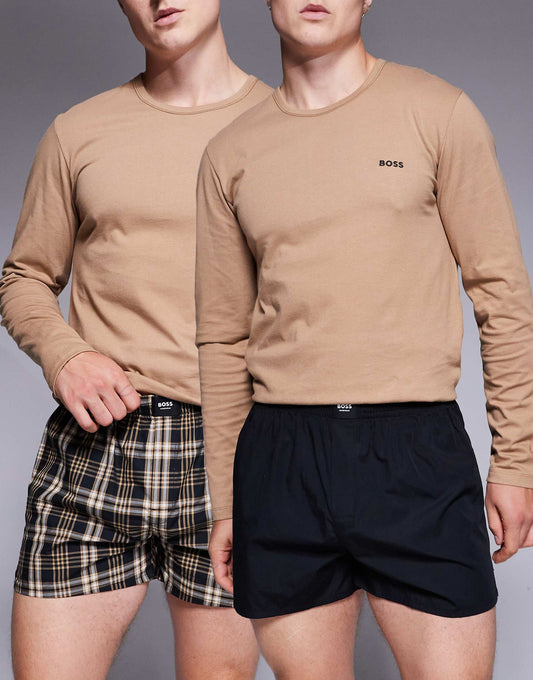 2 Pack Check And Plain Peached Finish Woven Boxers