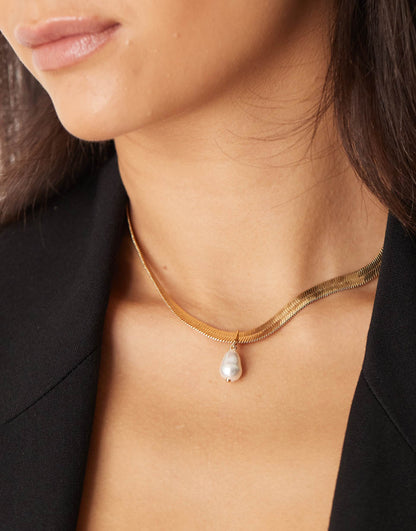 Flat Snake Chain Necklace With Pearl Charm