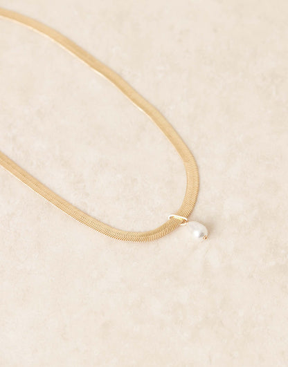 Flat Snake Chain Necklace With Pearl Charm