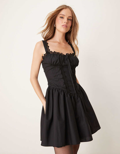 Western Poplin Lace Trim Corset Mini Dress