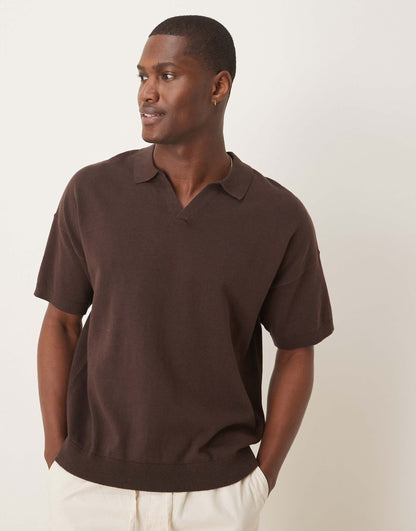 Relaxed Boxy Fit Knitted Midweight Cotton Notch Neck Polo