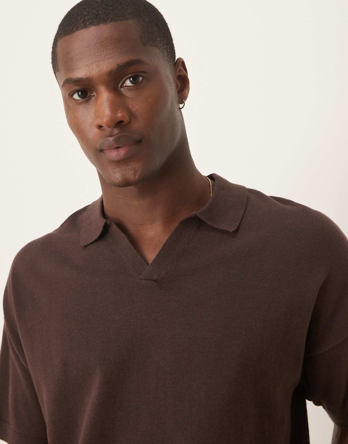 Relaxed Boxy Fit Knitted Midweight Cotton Notch Neck Polo