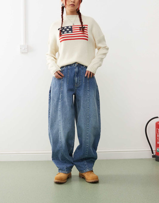 Mid Rise Denim Barrel Leg Jean