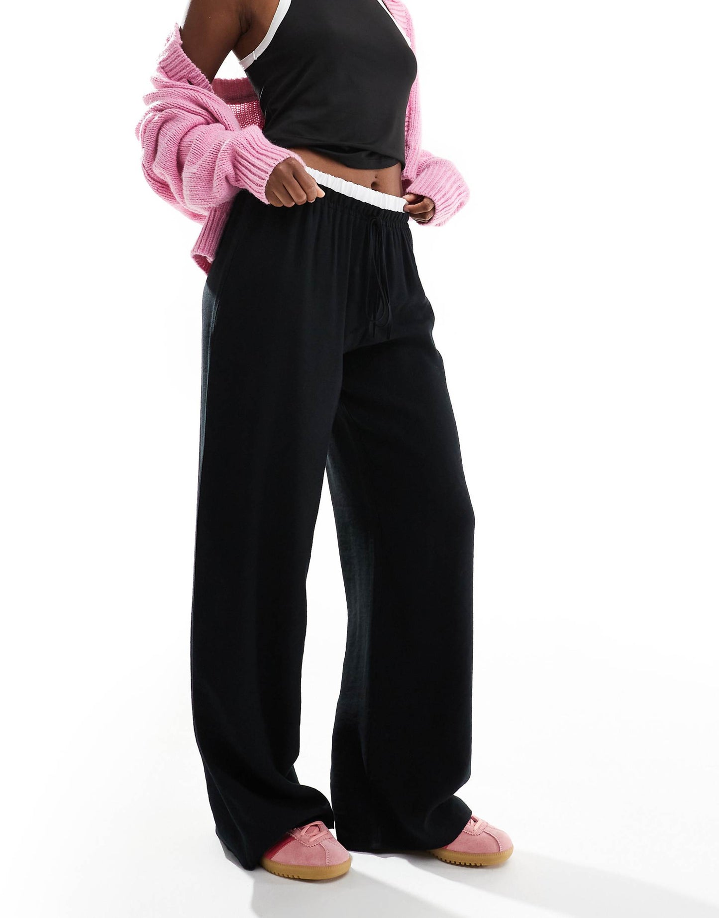 Contrast Waistband Wide Leg Trouser