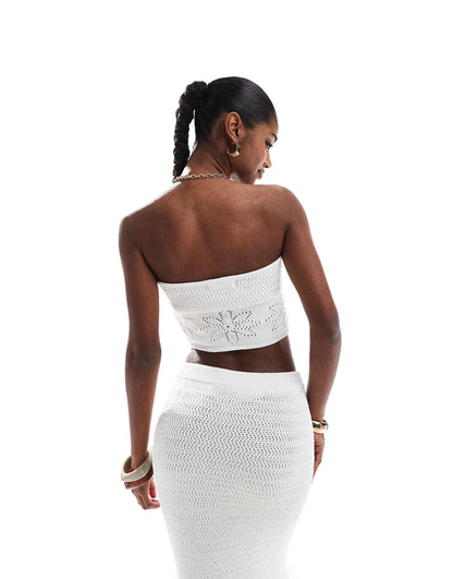 Knitted Bandeau Tie Front Beach Crop Top Co-Ord