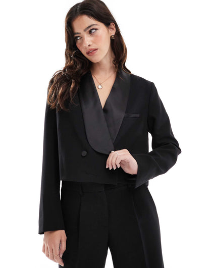 Cropped Tuxedo Blazer With Satin Details