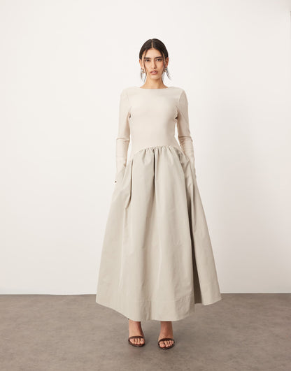 Drop Waist Long Sleeve Maxi Dress With Contrast Skirt