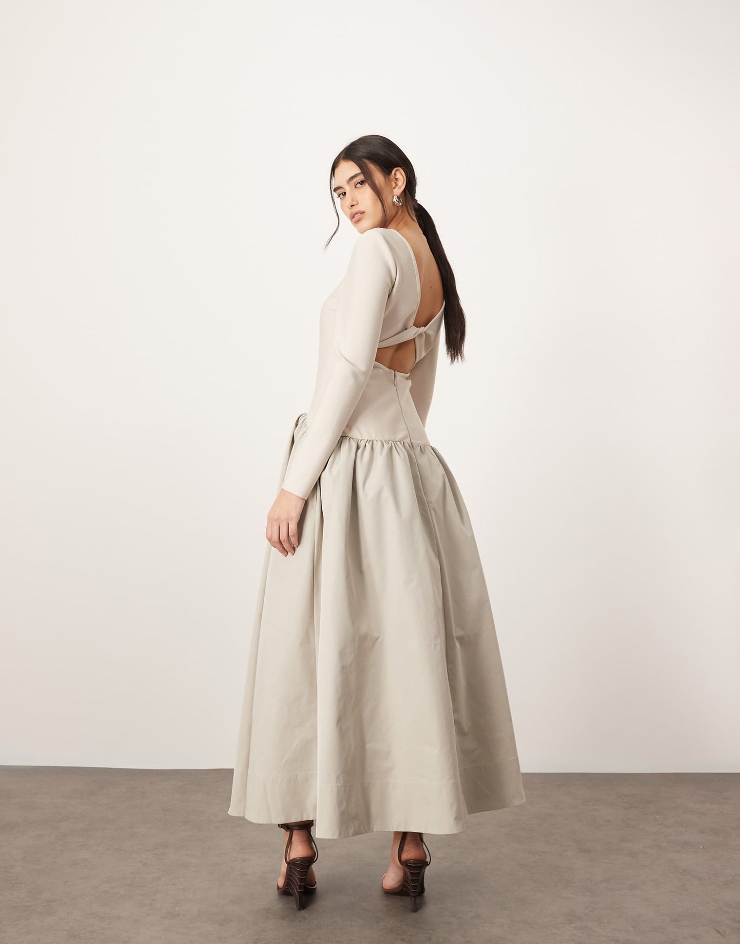 Drop Waist Long Sleeve Maxi Dress With Contrast Skirt