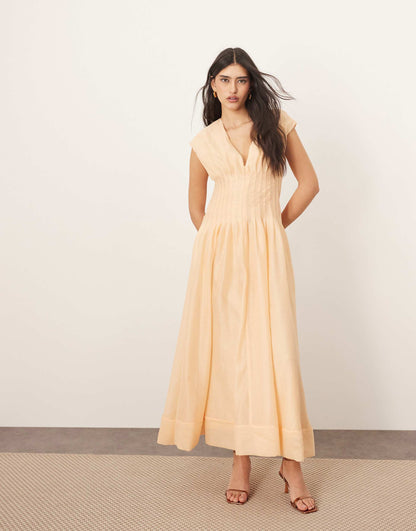 Organza Pleat Waist Maxi Dress With Tie Back Detail