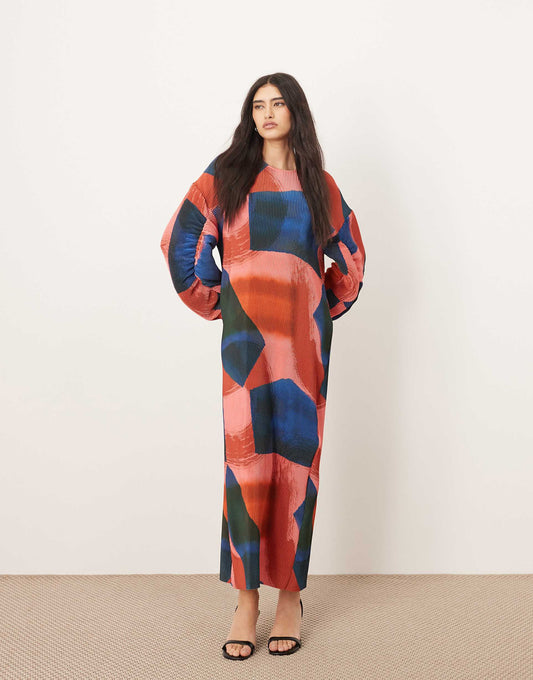 Plisse Balloon Sleeve Maxi Dress