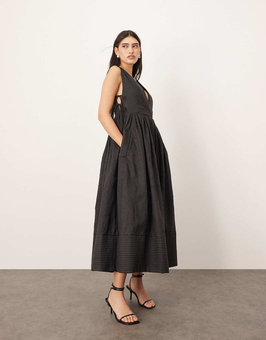 Textured Smock Maxi Dress With Tie Sides