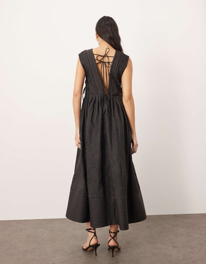 Textured Smock Maxi Dress With Tie Sides