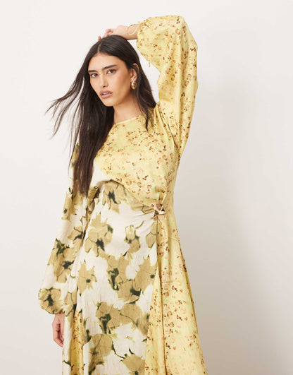 Crinkle Satin Long Sleeve Midi Dress With Trim