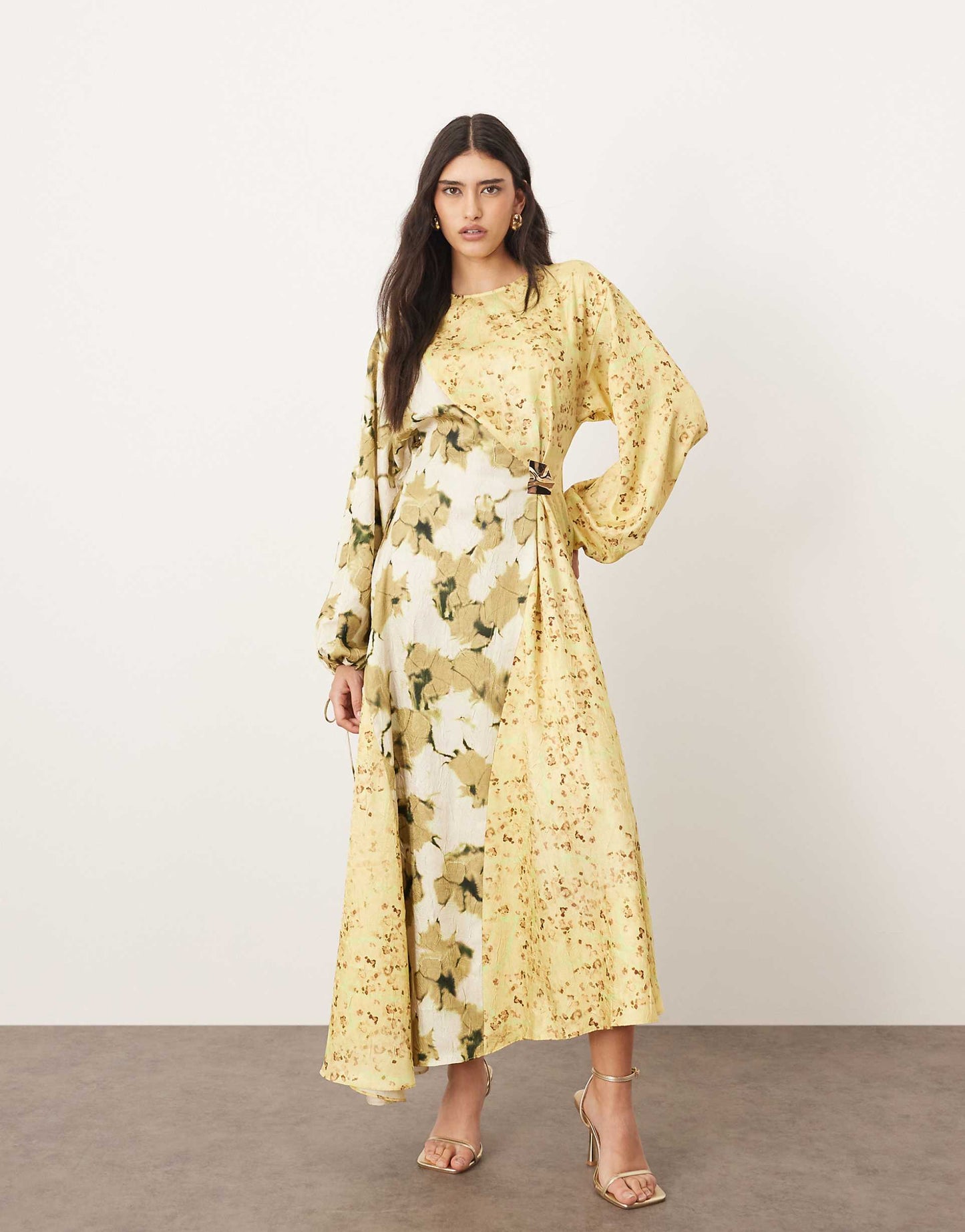 Crinkle Satin Long Sleeve Midi Dress With Trim