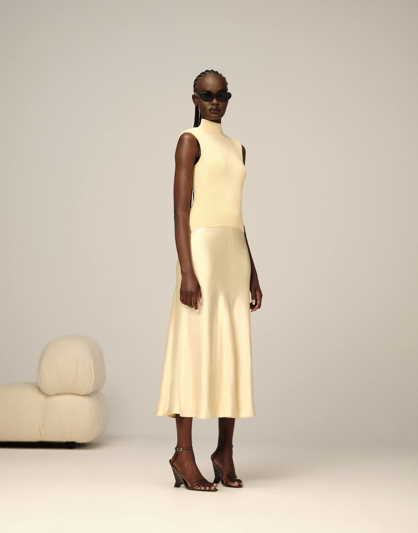 Knit Drop Waist Midi Dress With Satin Skirt