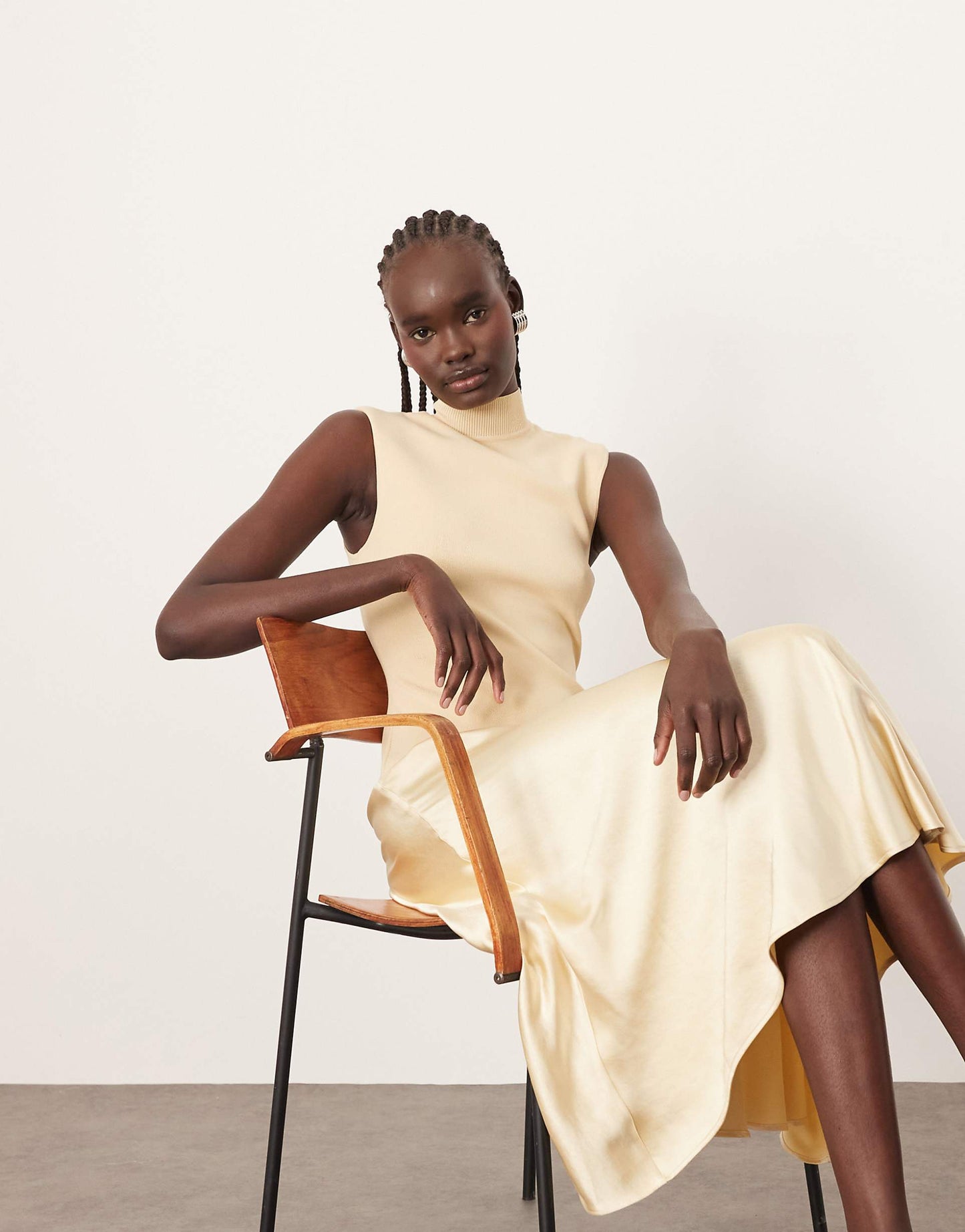 Knit Drop Waist Midi Dress With Satin Skirt